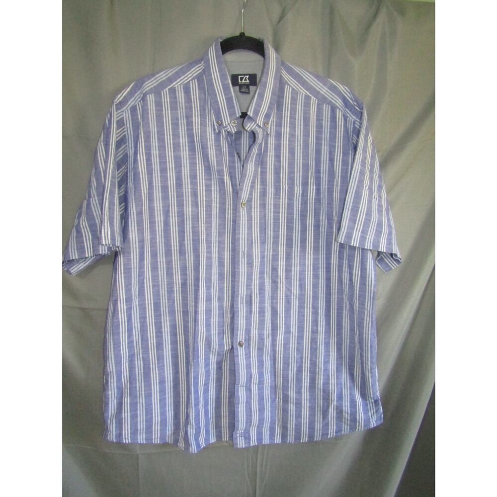 Cutter & Buck Blue White Striped Short Sleeve Button Shirt Men's L 100% Cotton S